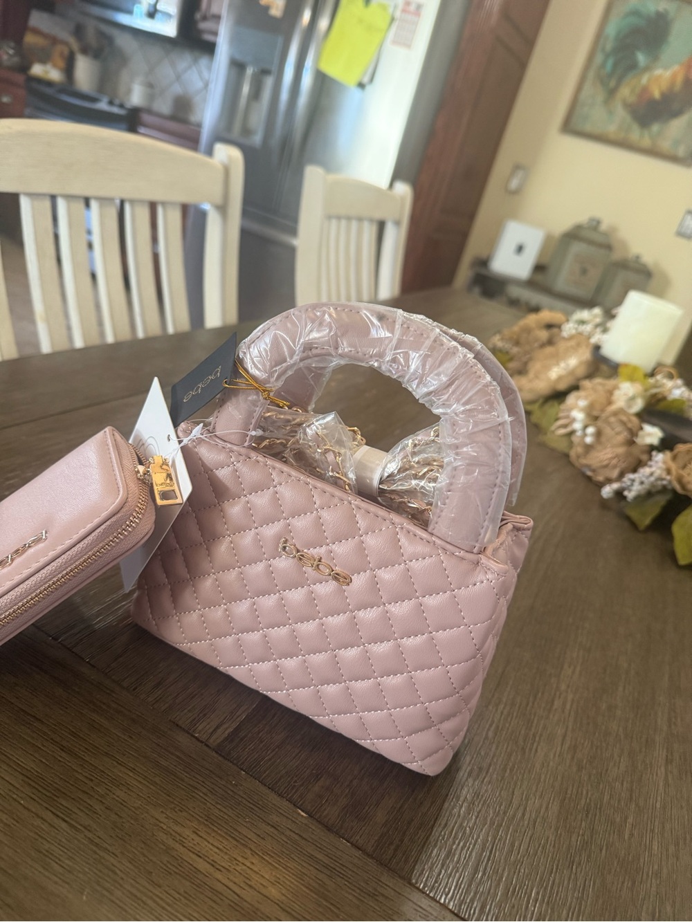 bebe Quilted Light Pink Top-Handle Mini Bag with Gold Hardware